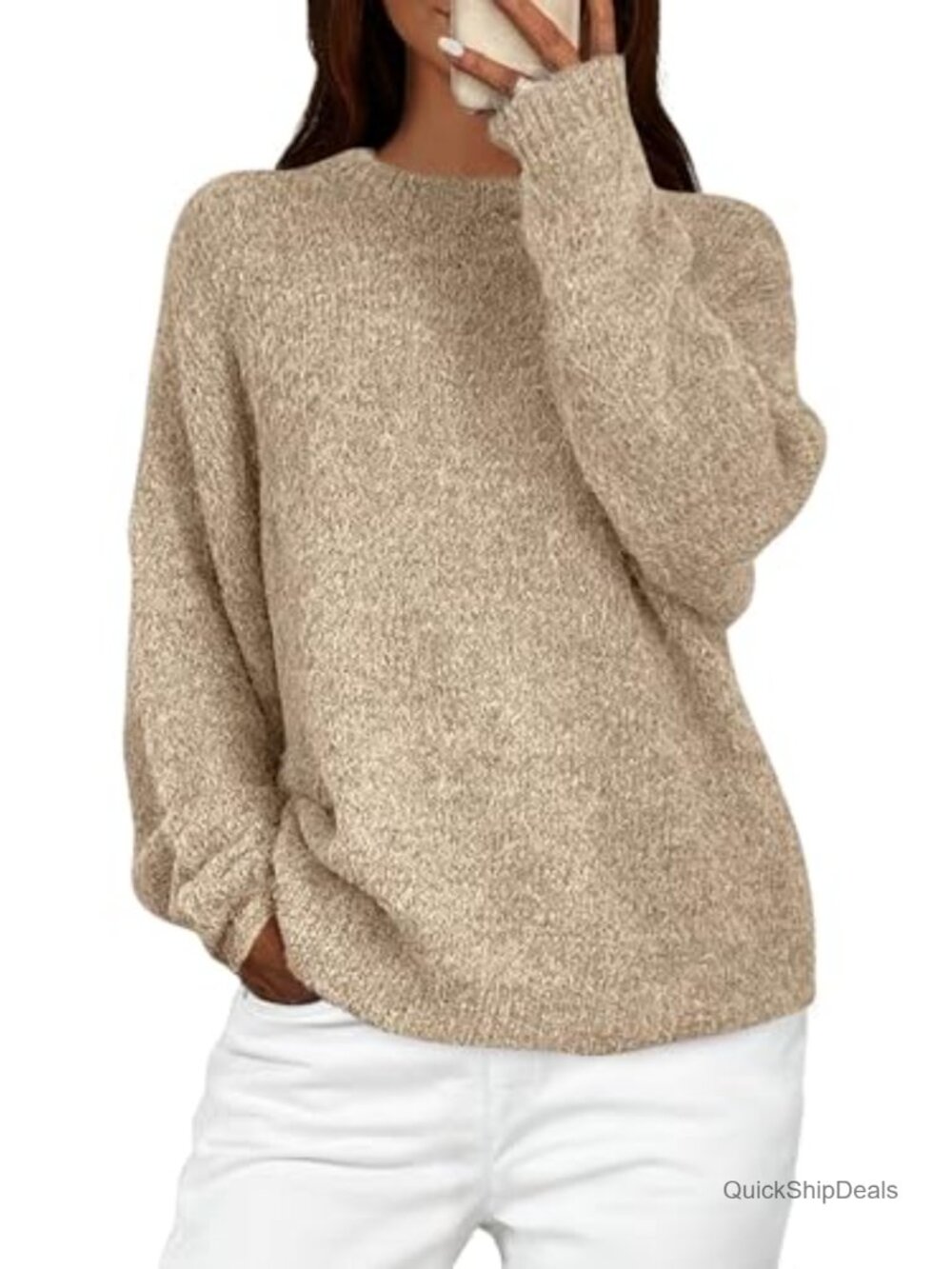 Womens Oversized Long Sleeve Pullover Sweater Fuzzy Knit Crew Neck